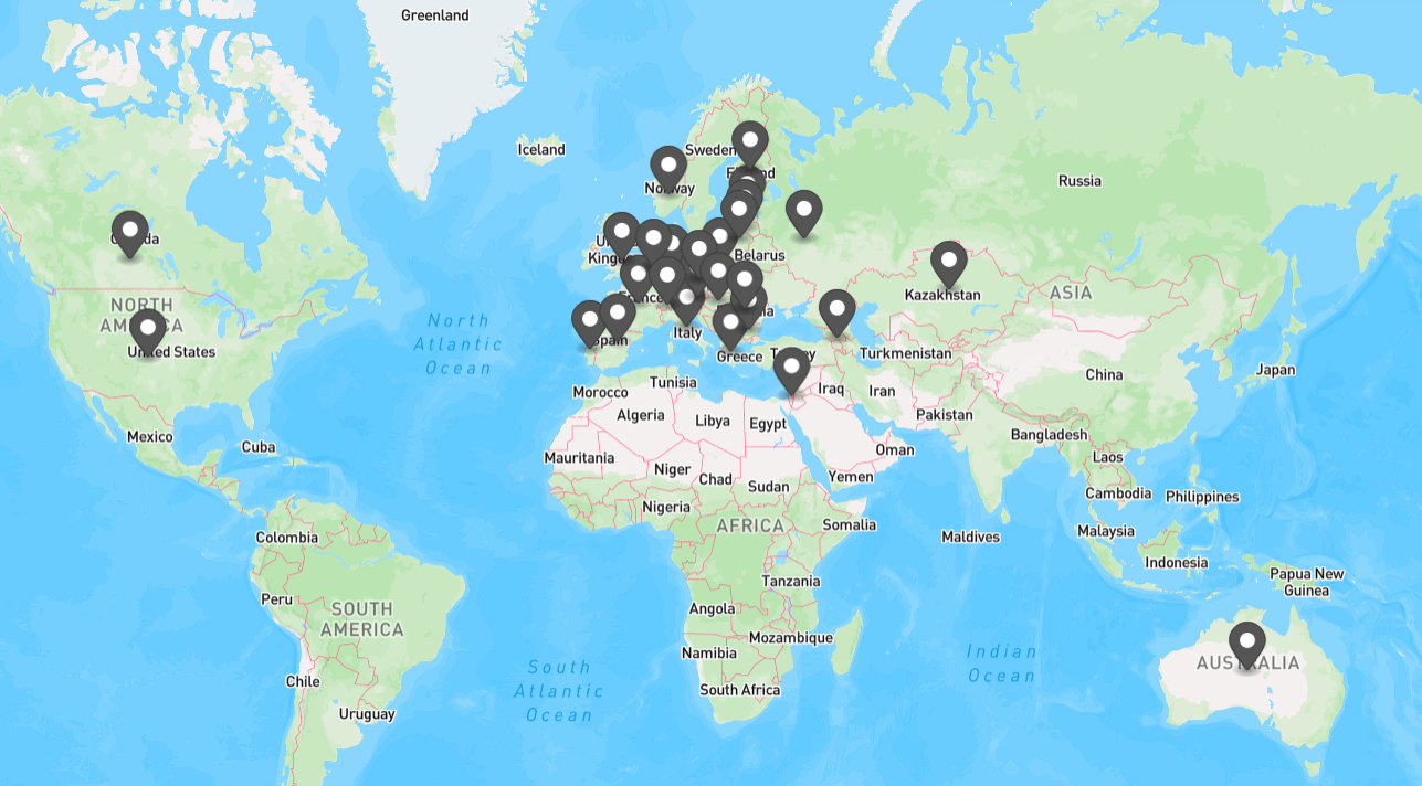 A map with marked locations across the globe, showing the destinations where Vottovara handcrafted creations have been shipped. USA, Canada, Australia, Israel, and almost all European Union countries.