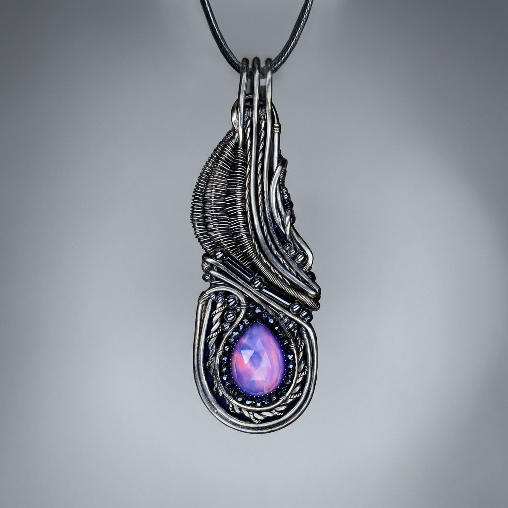 Rosefire Feather — Aurora Opal Pendant - Image 1